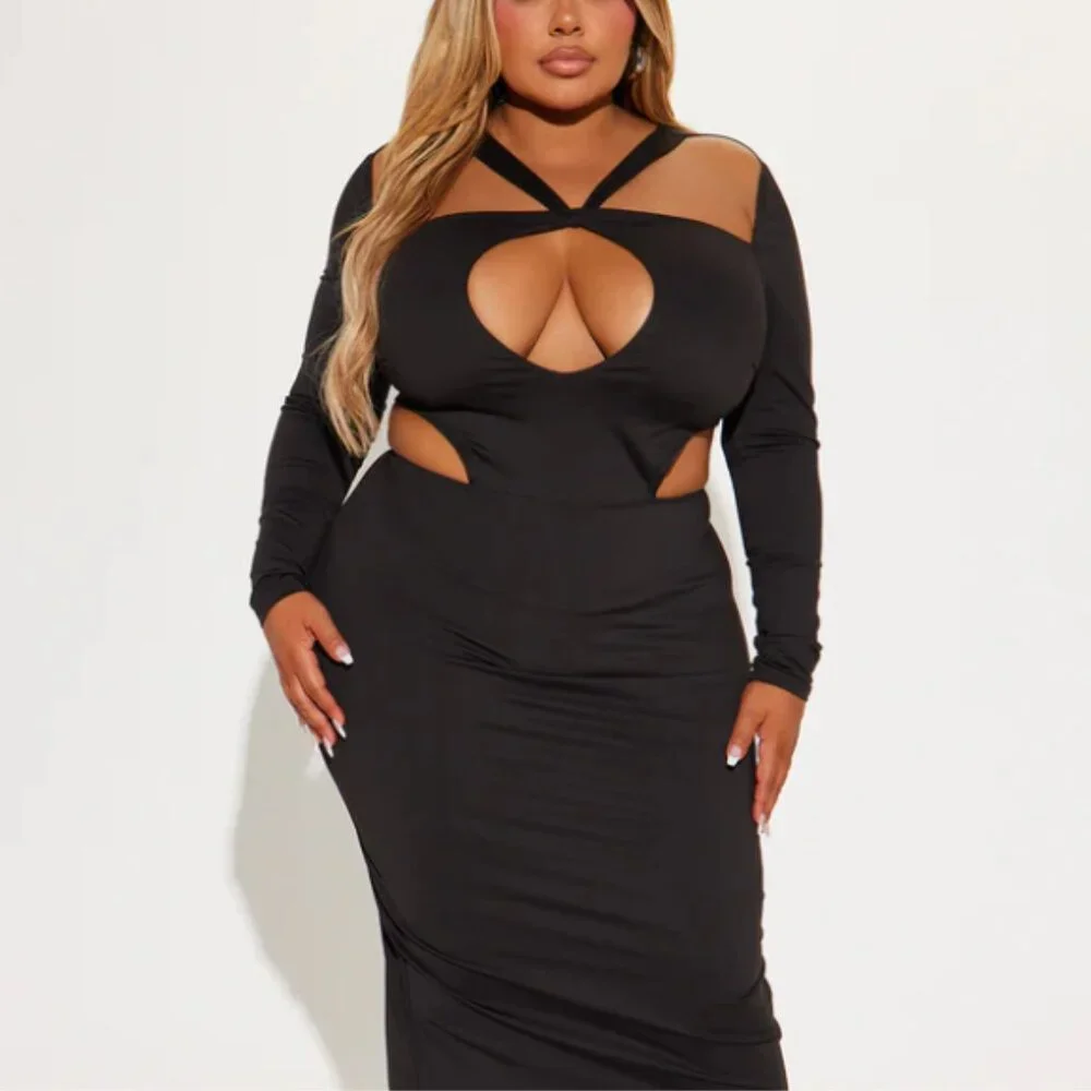 black cut out dress oh polly One Shoulder Cut Out Maxi Dress in Black - 2